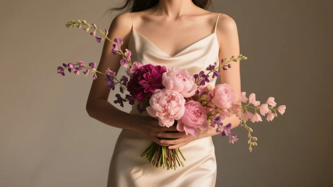High-end editorial photo of a 2026 modern wedding an asymmetrical pink bouquet—dusty rose, fuchsia, and blush peonies with trailing sweet peas—held against a sleek silk dress.