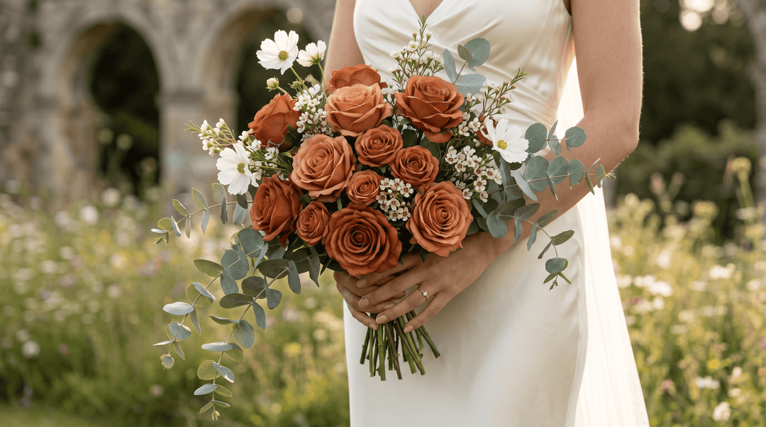 High-end editorial shot of a bridal bouquet with premium real-touch terracotta, rust, and burnt orange roses.