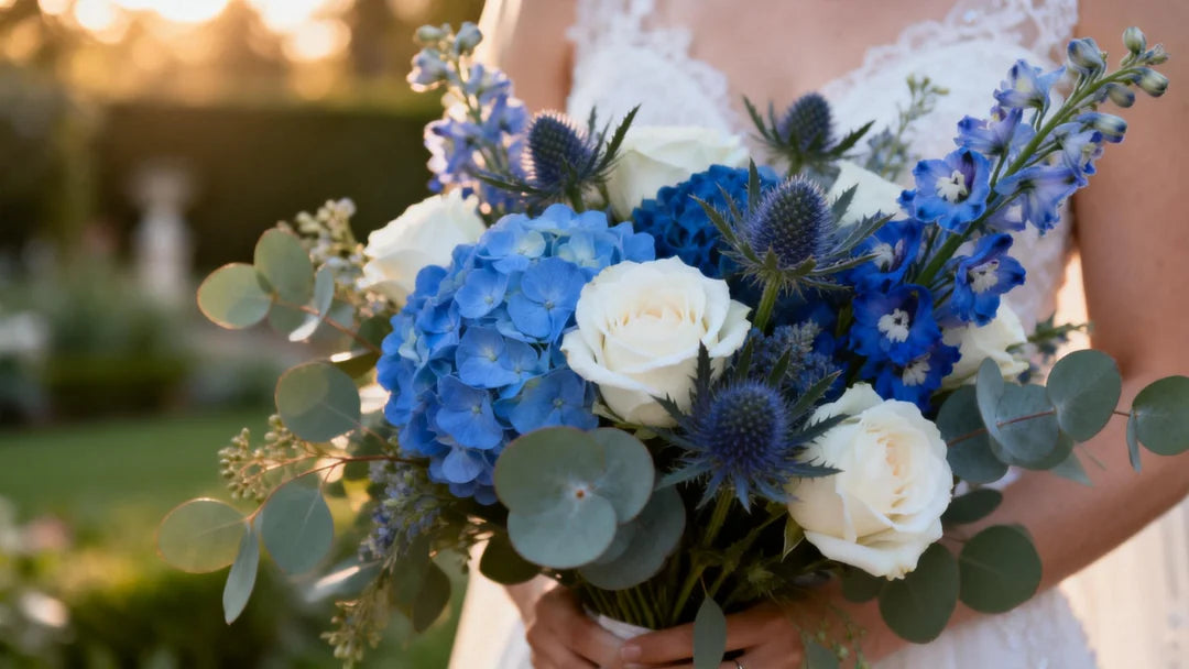 High-end wedding photography, close-up shot of a luxurious bridal bouquet featuring distinct blue flowers mixed with white Garden Roses and Eucalyptus. 