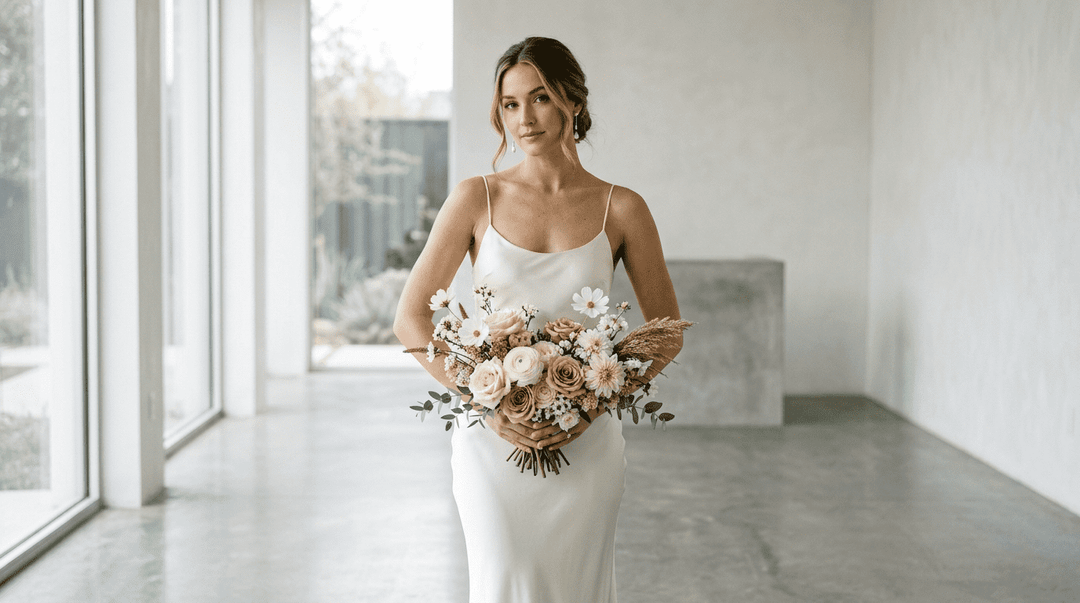 High-fashion bride in a sleek silk slip dress holding an asymmetrical cream and dusty rose bouquet at belly-button level, elbows slightly out forming a “diamond gap.”