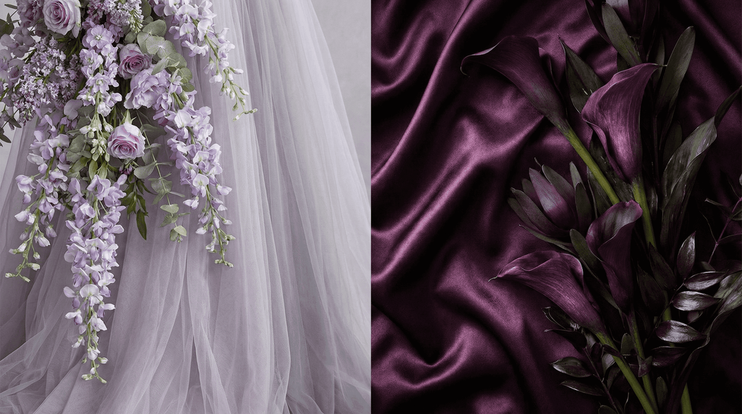 High-fashion wedding photography shot. Left side ethereal lavender and lilac flowers against a soft tulle fabric. Right side deep eggplant and plum calla lilies against a shiny satin fabric