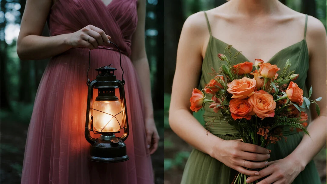 High-res split-screen wedding photo left, bridesmaid in dusty rose dress holding a vintage lantern in a dim forest; right, bridesmaid in sage dress holding a high-end silk terracotta bouquet that looks fresh.