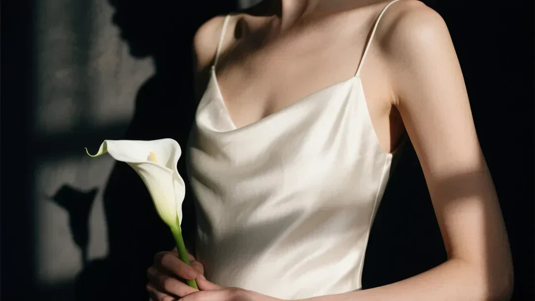 High fashion editorial wedding photography, close-up of a bride holding a single pristine white calla lily bouquet