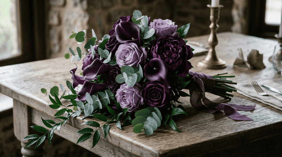 Hyper-realistic editorial photo of a bridal bouquet on a rustic wooden table with plum, eggplant, and lavender artificial calla lilies and peonies, blended with fresh silver dollar eucalyptus and Italian ruscus.