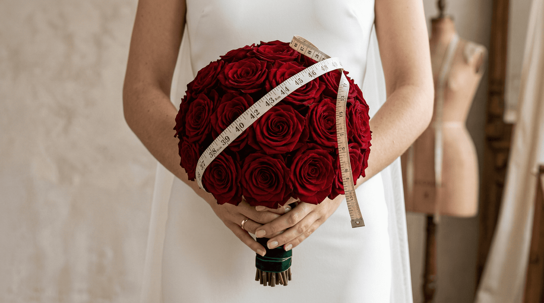 Hyper-realistic editorial photo of a perfectly round crimson red rose bouquet held by a bride in a minimalist white dress, with a measuring tape draped across the blooms.