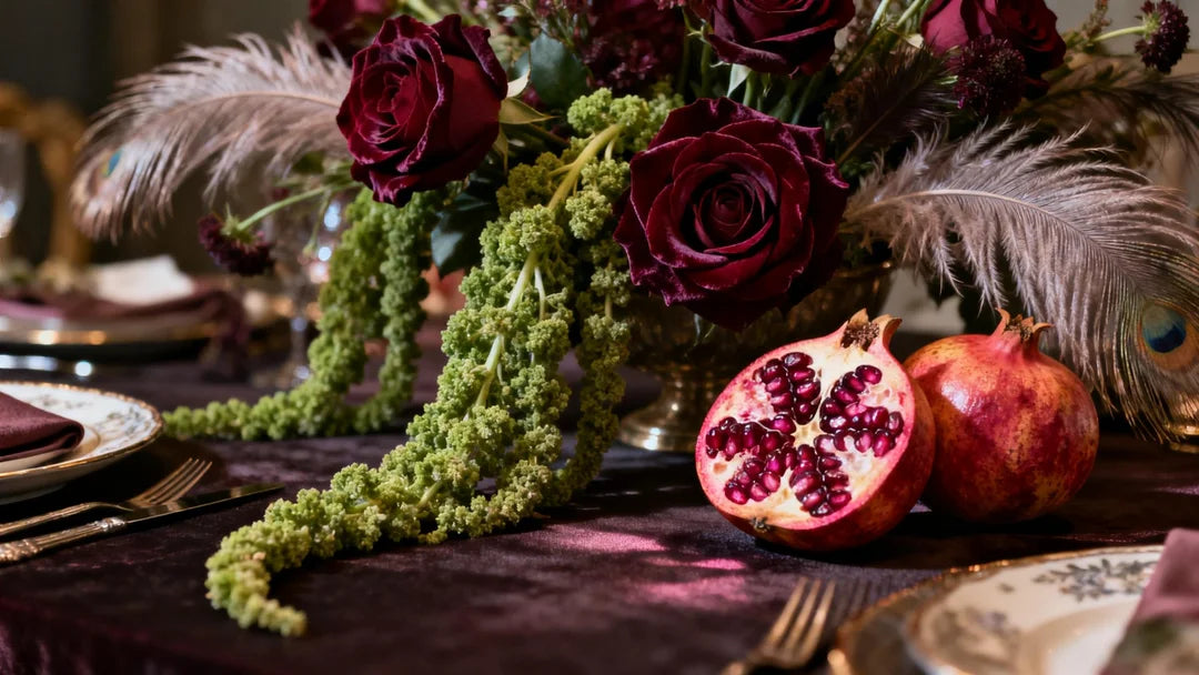 Hyper-realistic editorial wedding photo, 2026 floral trend tablescape with velvet burgundy roses, cascading green amaranthus, halved pomegranates, and soft ostrich feathers