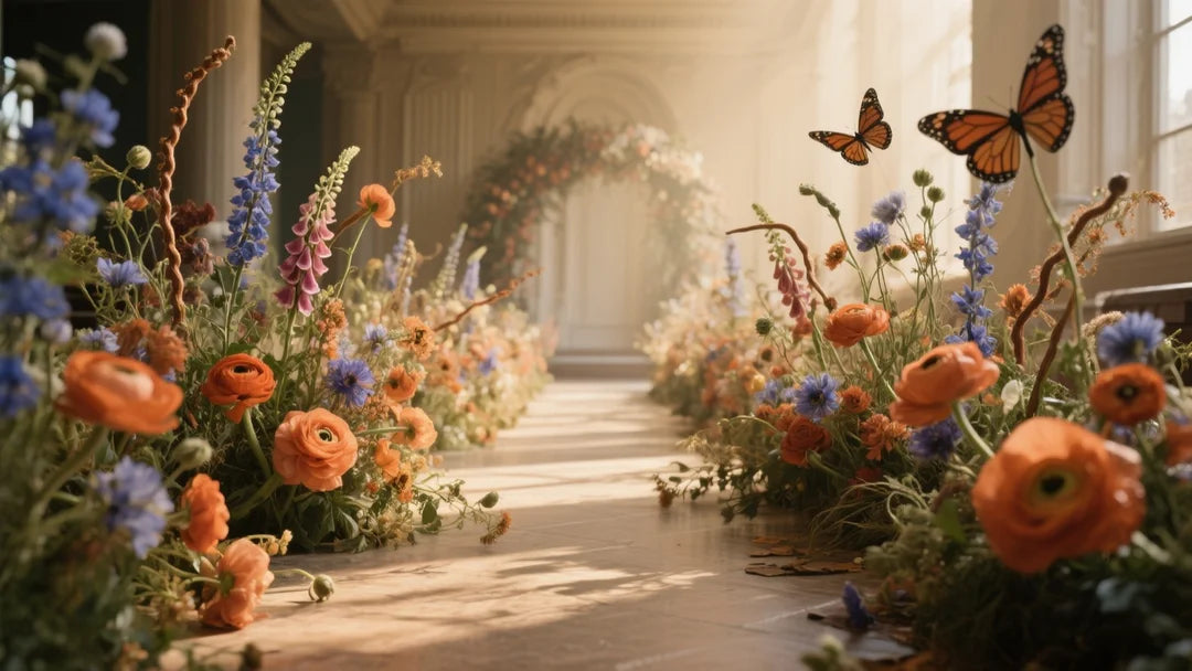 Hyper-realistic wedding photography, 2026 trend aesthetic "Meadow-Core", a luxurious indoor wedding ceremony aisle lined with wild, growing-out-of-the-floor floral arrangements