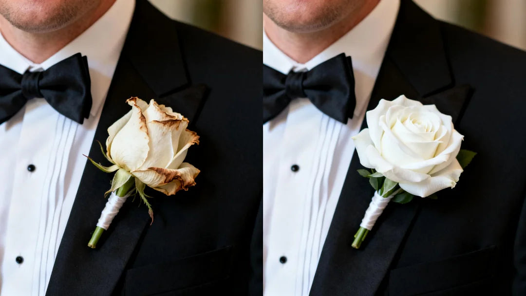 Left:Groom in a black tux with a wilting white rose boutonniere—brown edges, drooping petals. Right:Same groom with a pristine “Real Touch” white rose boutonniere—pure white, perky, perfectly shaped.