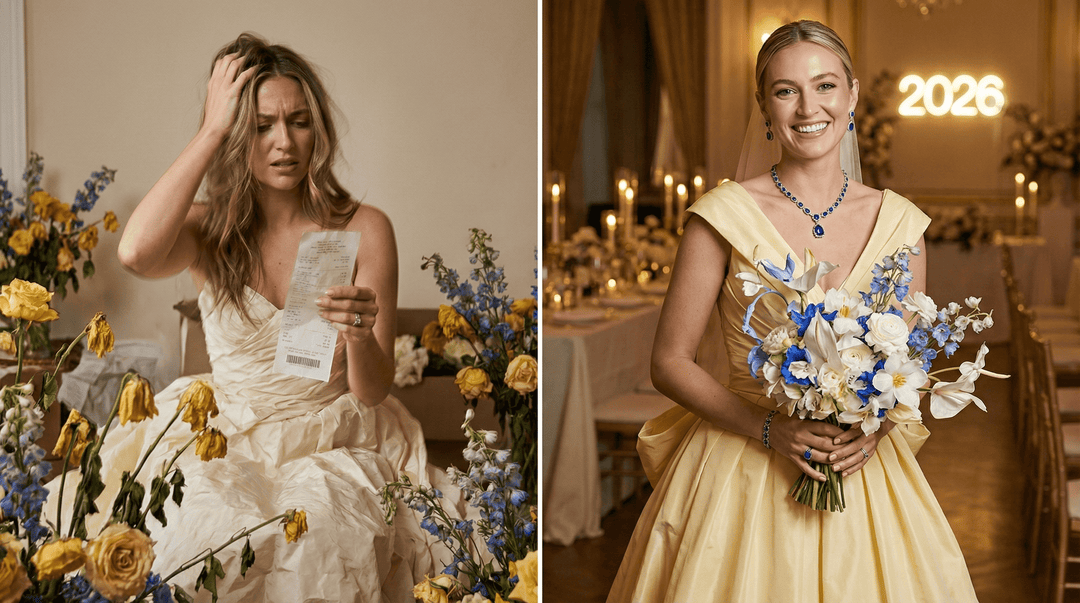 Left A chaotic, slightly blurry view of wilting fresh flowers and a stressed bride looking at a receipt. Right A sharp, serene, ultra-luxurious wedding scene featuring a glowing, happy bride holding a stunning sculptural bouquet
