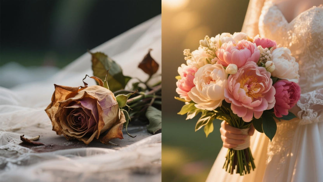 Left: A close-up of a wilted, browning rose wedding bouquet. Right: A vibrant, hyper-realistic silk peony bouquet in perfect bloom