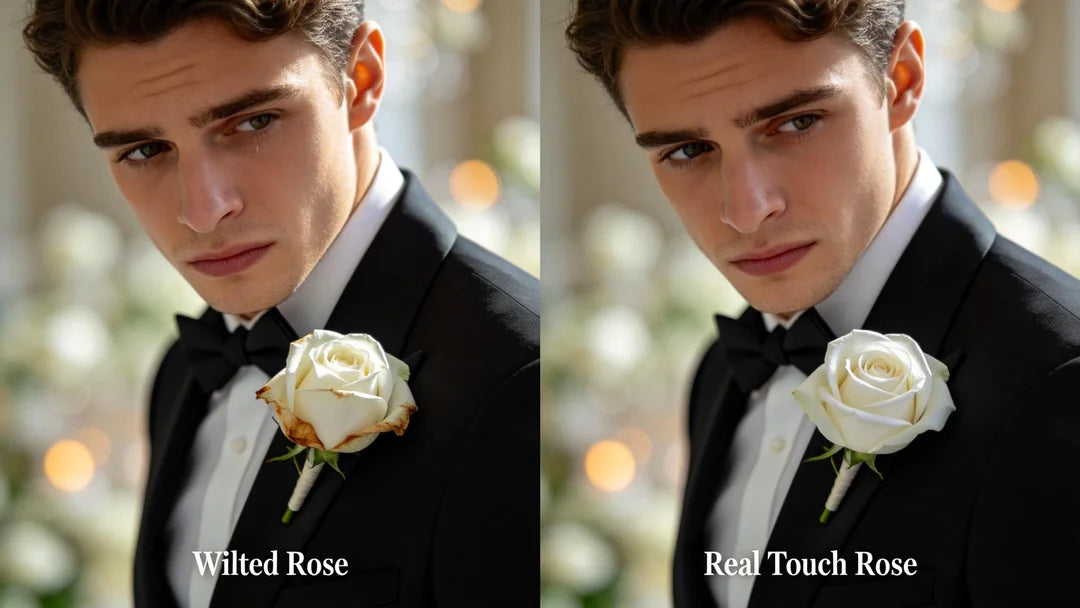 Left A groom in a black tuxedo wearing a fresh white rose boutonniere that is slightly browning at the edges, looking wilted and sad. Right The same groom wearing a pristine, perfect Real Touch polyurethane white rose boutonniere