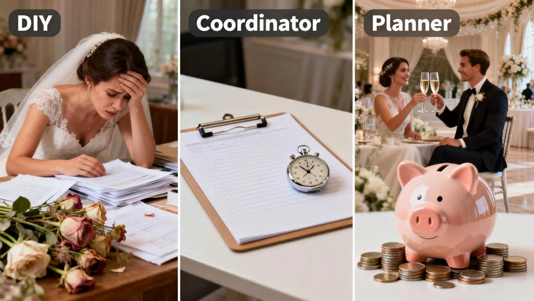  Left A stressed bride buried in paperwork and wilting flowers. Middle A clipboard and a stopwatch on a clean table. Right A relaxed couple toasting with champagne in a perfectly decorated venue