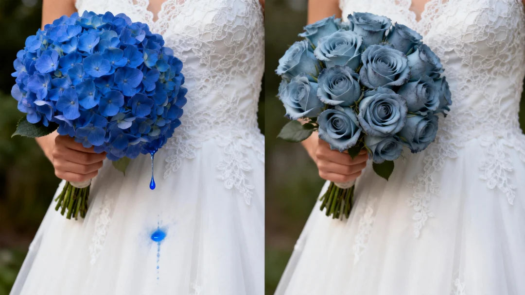 Left A vibrant royal blue hydrangea bridal bouquet against a white lace wedding dress, with a single blue water droplet dripping onto the fabric.Right A flawless “Real Touch” dusty blue rose bouquet against the same dress, perfectly dry and pristine.