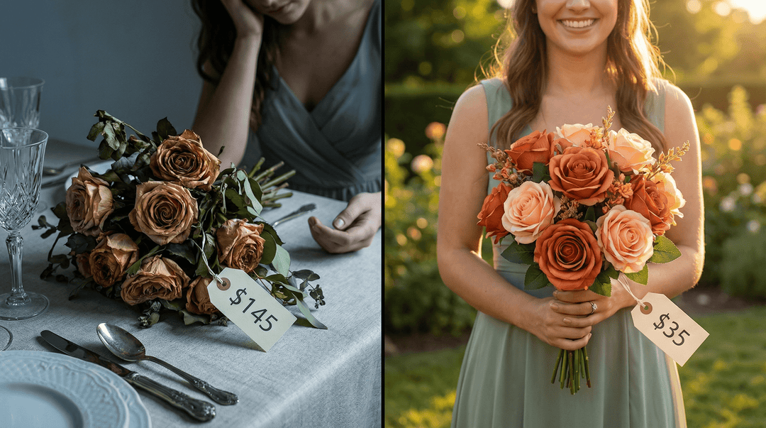 Left A wilting fresh rose bridesmaid bouquet with a $145 tag on a luxury wedding table. Right A vibrant silk terracotta bouquet with a $35 tag held by a happy bridesmaid.