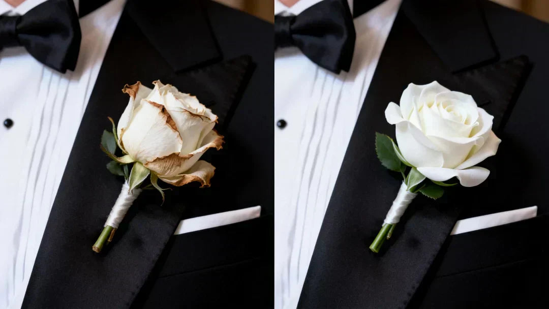 Left Close-up of a slightly wilted fresh white rose boutonniere on a tuxedo lapel, brown edges, sad and costly. Right Pristine “Real Touch” artificial white rose boutonniere on a sharp tuxedo lapel, fresh, vibrant, and elegant.