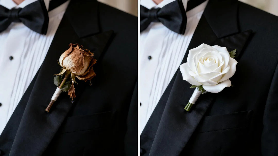 Left Close-up of a wilted, browning white rose boutonniere on a black tuxedo lapel. Right Close-up of a crisp, high-quality white faux rose boutonniere on the same tuxedo.