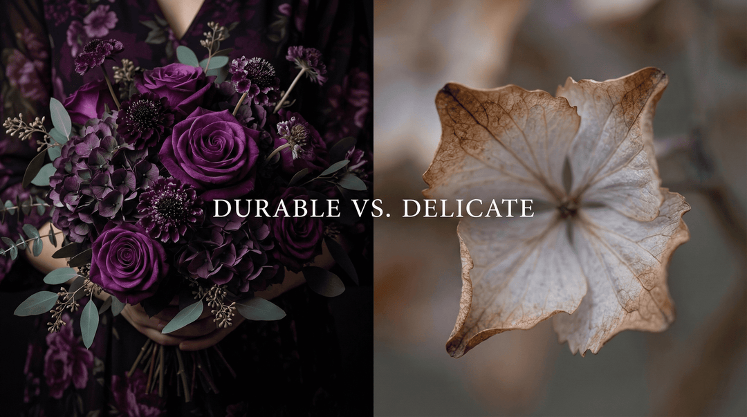 Left Stunning deep purple hydrangea and rose bridal bouquet with cinematic lighting and velvet texture, in sharp focus, high-end luxury style. Right Close-up of a wilted hydrangea petal with brown edges and soft focus