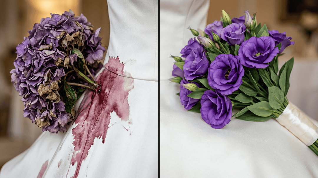 Left Wilted fresh purple hydrangea bouquet staining a white silk wedding dress with dark red wine–colored marks. Right Flawless Real Touch polyurethane purple lisianthus bouquet resting on the same silk without a mark.