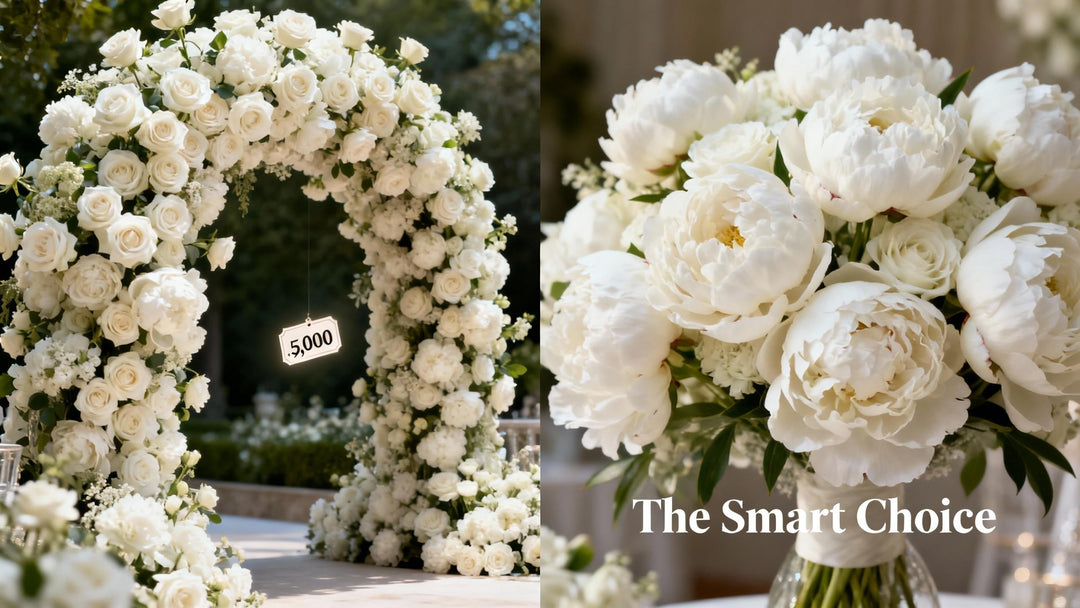 Left overflowing white rose–peony arch labeled “$5,000”; right identical gorgeous arrangement labeled “The Smart Choice“
