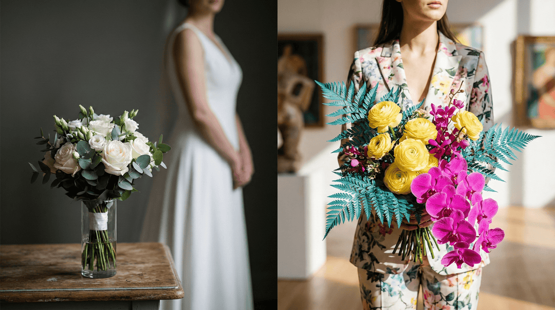 Left side A boring, standard, small white and green rose bridal bouquet.Right side A luxurious, oversized, asymmetrical bridal bouquet