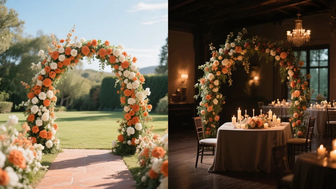 Left side A bright, sunny outdoor wedding ceremony with a lush terracotta and white floral arch. Right side A cozy, dimly lit indoor reception hall where the same floral arch is now framing a sweetheart table with candles