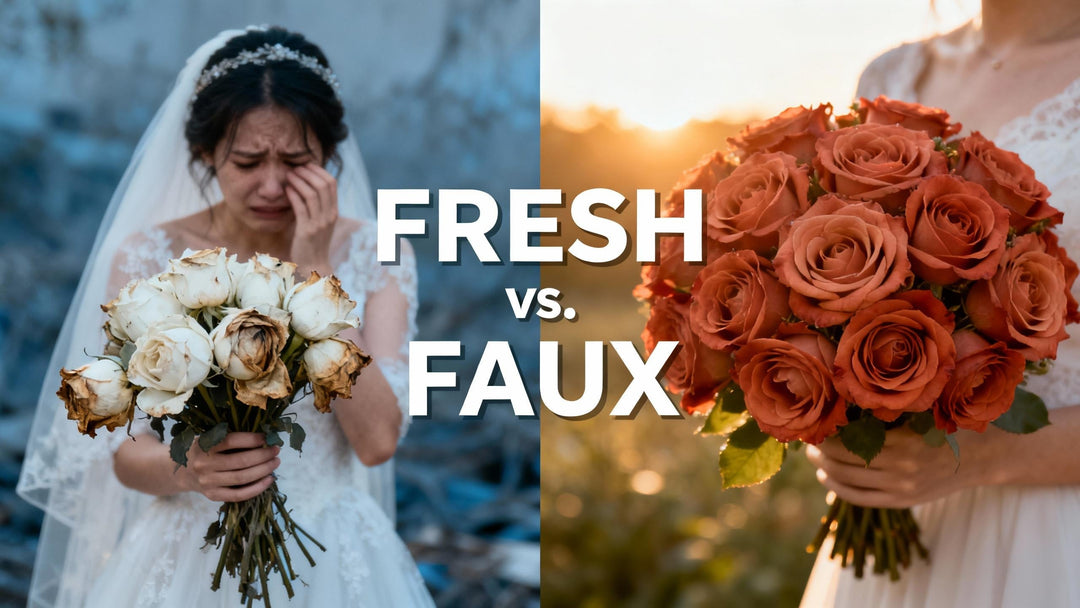 Left side A chaotic, slightly blurry scene of a stressed bride holding a wilted, browning white rose bouquet. Right side A sharp, hyper-realistic close-up of a vibrant Real Touch terracotta rose bouquet from Rinlong Flower