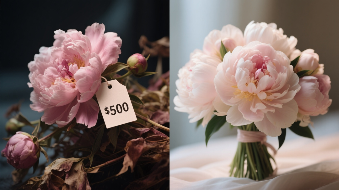 Left side A chaotic, slightly wilted, expensive pink peony flower. Right side A perfect, pristine, high-quality silk peony bouquet