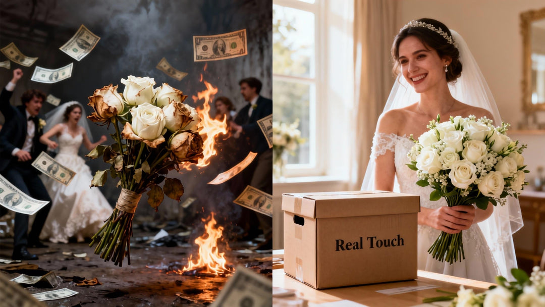 Left side A chaotic, stressful wedding scene with a wilting, browning bouquet. Right side A calm, bright, and organized scene showing a beautiful, pristine Real Touch artificial flower bouquet
