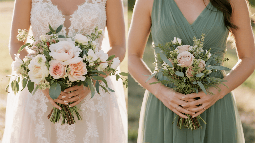 Left side A close-up of a lavish, oversized, cascading bridal bouquet. Right side A smaller, simpler, neat round posy bridesmaid bouquet with fewer stems and more greenery