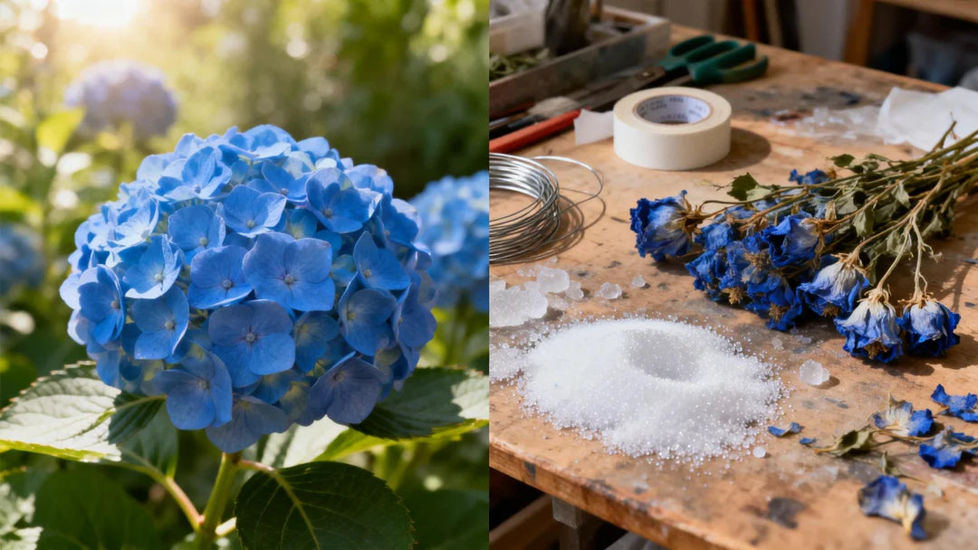 Left side A close-up of a stunning, vibrant natural blue hydrangea in a garden, sunlit. Right side A messy artisan workbench with dried blue flowers, silica gel sand, floral wire, and tape