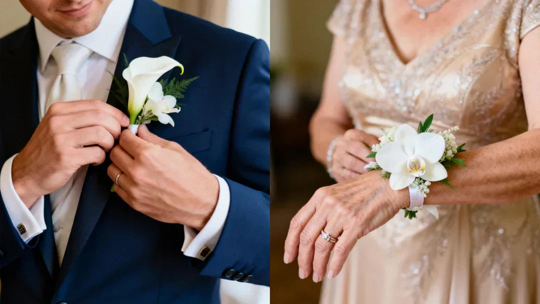 Left side A groom in a navy suit adjusting a white calla lily boutonniere. Right side A mother of the bride in a champagne gown wearing a wrist corsage with white orchids and soft greenery