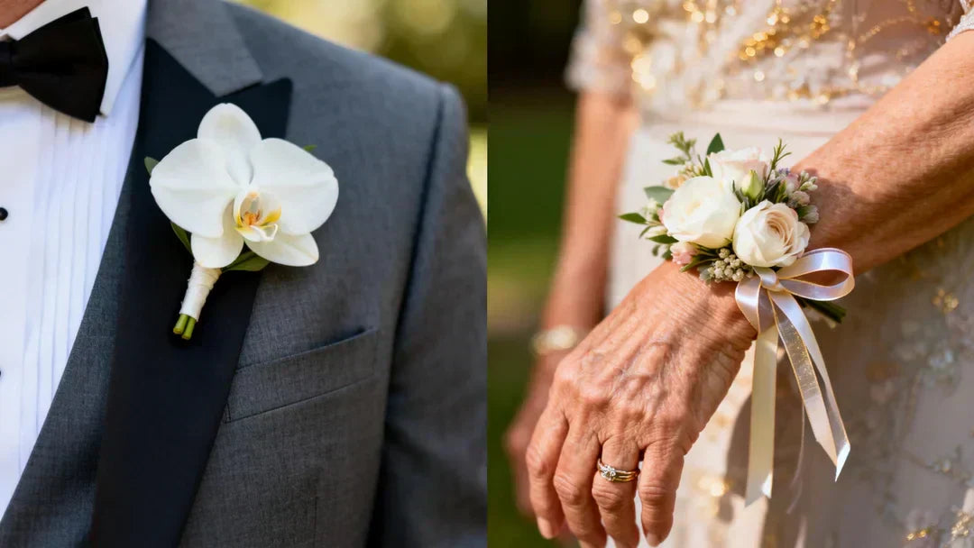Left side A groom's charcoal grey tuxedo lapel featuring a pristine white orchid boutonniere. Right side A mother's wrist wearing an elegant floral corsage with ribbon details