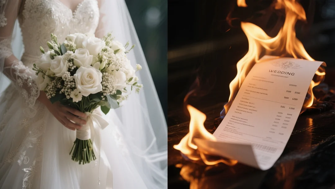 Left side A luxurious, ethereal white wedding bouquet. Right side A long wedding receipt burning with flames