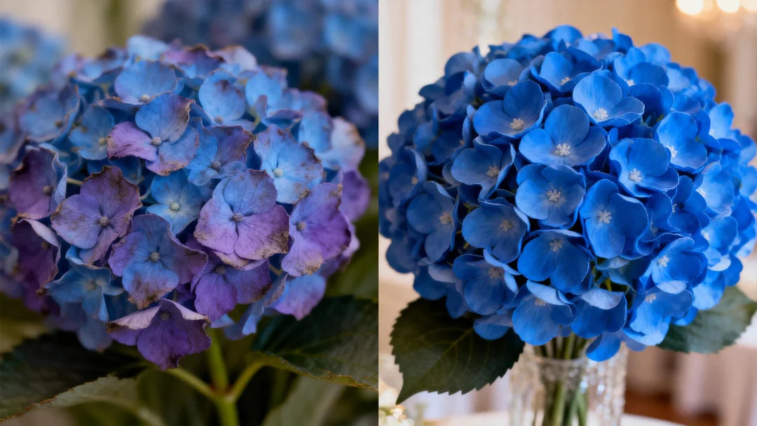 Left side A realistic close-up of fresh blue hydrangeas that look slightly wilted and muddy purple. Right side A pristine, vibrant Royal Blue artificial hydrangea arrangement with perfect petals