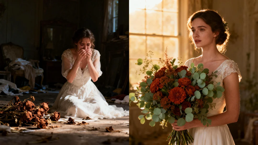 Left side: A stressed bride crying over wilted, brown flowers in a messy room. Right side: A calm, chic bride holding a stunning, lush oversized bouquet