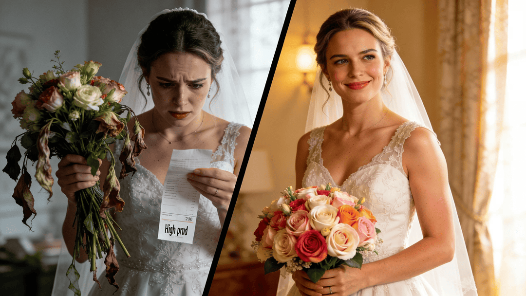 Left side:  stressed bride holding a wilted, drooping fresh flower bouquet. Right side: A confident, happy bride holding a vibrant, perfect silk wedding bouquet, looking relaxed