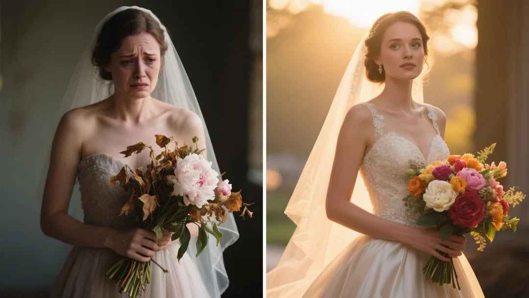 Left side A stressed bride holding a wilting, browning fresh peony bouquet. Right side A glowing, confident bride holding a vibrant, high-end Real Touch silk bouquet