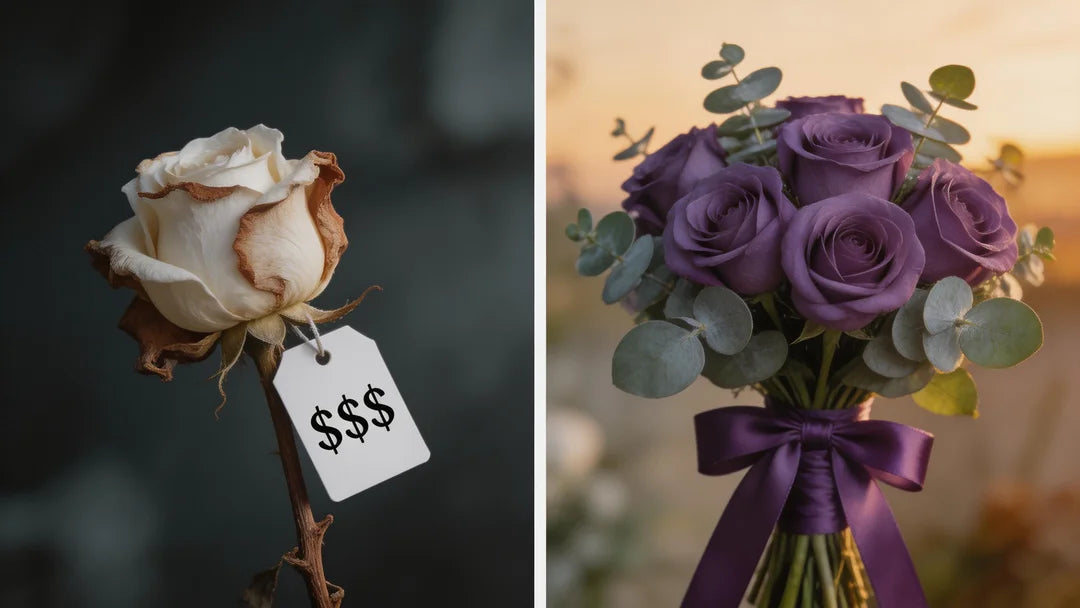 Left side A wilting, browning white rose with a price tag showing a high dollar sign. Right side A vibrant, luxurious, deep purple silk bridal bouquet looking perfect and fresh