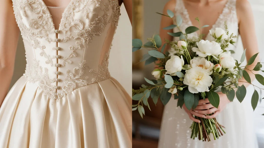 Left side Close-up detail of a luxurious satin wedding dress with intricate lace buttons.Right side A lush, textured bridal bouquet with white peonies and eucalyptus that perfectly complements the fabric texture