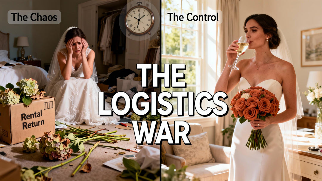Left side The Chaos - A stressed bride in a messy room with wilted real hydrangeas. Right side The Control - A calm, confident bride holding a perfect, high-end terracotta silk bouquet (Rinlong style)