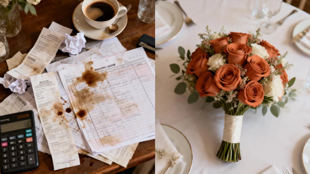 Left side: chaotic wedding planning mess, coffee stains, crumpled receipts, calculator, panic. Right side: A pristine, elegant wedding setup with a Rinlong style terracotta bouquet