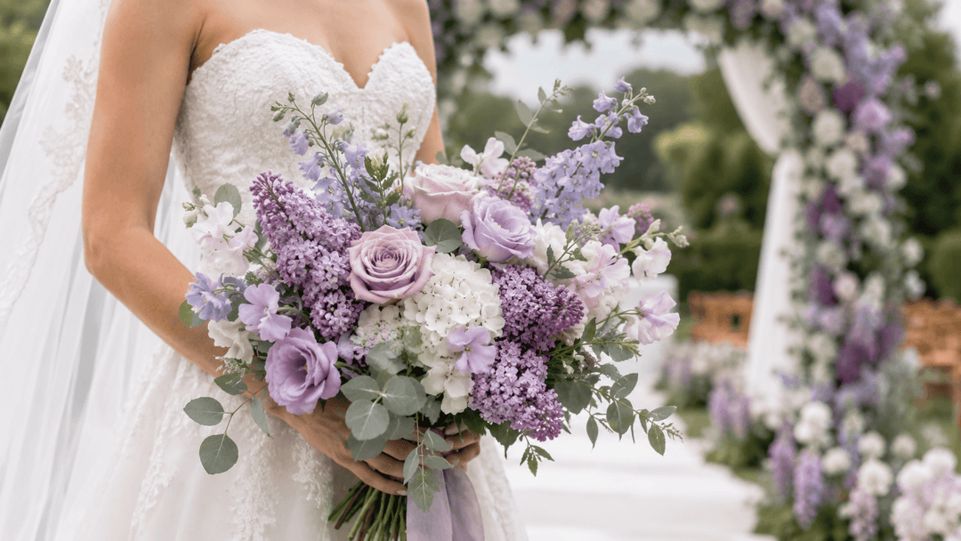 Lilac wedding flowers with a romantic bridal bouquet of lavender roses, lisianthus, hydrangea, and ivory blooms at a garden ceremony.