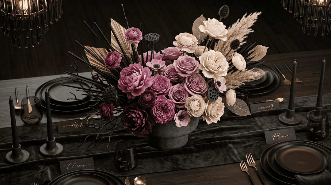 Luxurious avant-garde tablescape, slight overhead, with an asymmetrical pink gradient centerpiece—plum to blush—in a charcoal concrete vase.