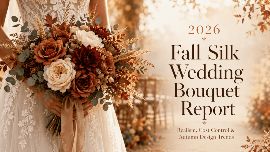 Luxury cover for 2026 Fall Silk Wedding Bouquet Report featuring a cropped bride holding a realistic silk fall bouquet with terracotta roses, burgundy dahlias, mocha blooms, wheat, eucalyptus, and ribbon.