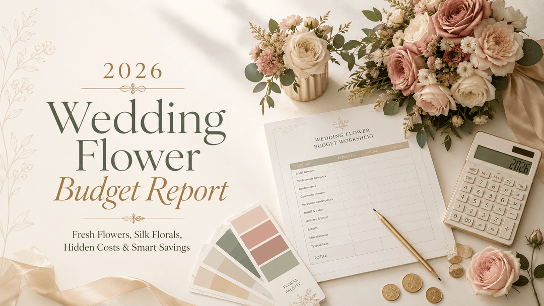 Luxury cover for 2026 Wedding Flower Budget Report featuring a flat lay with bridal bouquet, silk and fresh flowers, calculator, budget worksheet, pencil, coins, and color swatches.