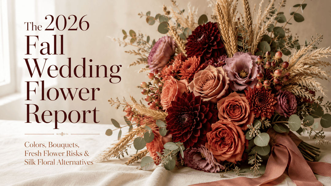 Luxury cover for The 2026 Fall Wedding Flower Report featuring an autumn bridal bouquet with burgundy dahlias, terracotta and toffee roses, rust mums, mauve lisianthus, wheat, pampas, berries, and eucalyptus.