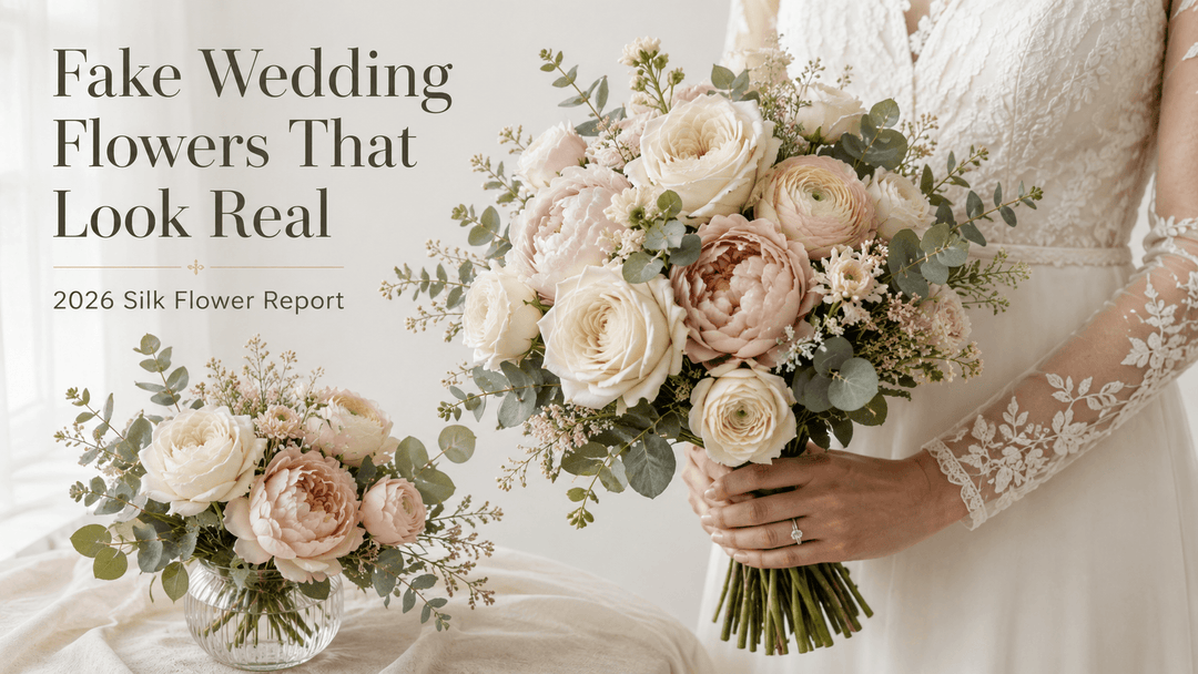 Luxury wedding cover showing a bride holding a silk bouquet beside fresh flowers for comparison with roses, peonies, ranunculus, and eucalyptus.