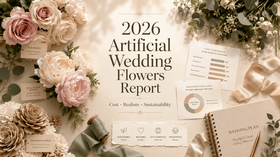 Luxury wedding editorial cover showing a silk bridal bouquet held in bride’s hands beside fresh flowers for comparison, featuring ivory roses, blush peonies, ranunculus, and eucalyptus.