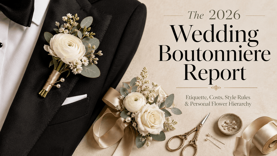 Luxury wedding report cover featuring an ivory ranunculus boutonniere, mother-of-the-bride corsage, pearl pins, ribbon, and eucalyptus.