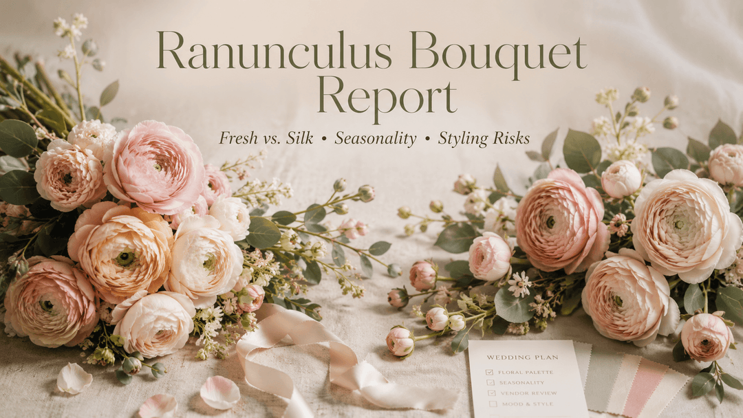 Luxury wedding report cover with a ranunculus bridal bouquet, comparing fresh blooms and realistic silk stems on ivory linen.